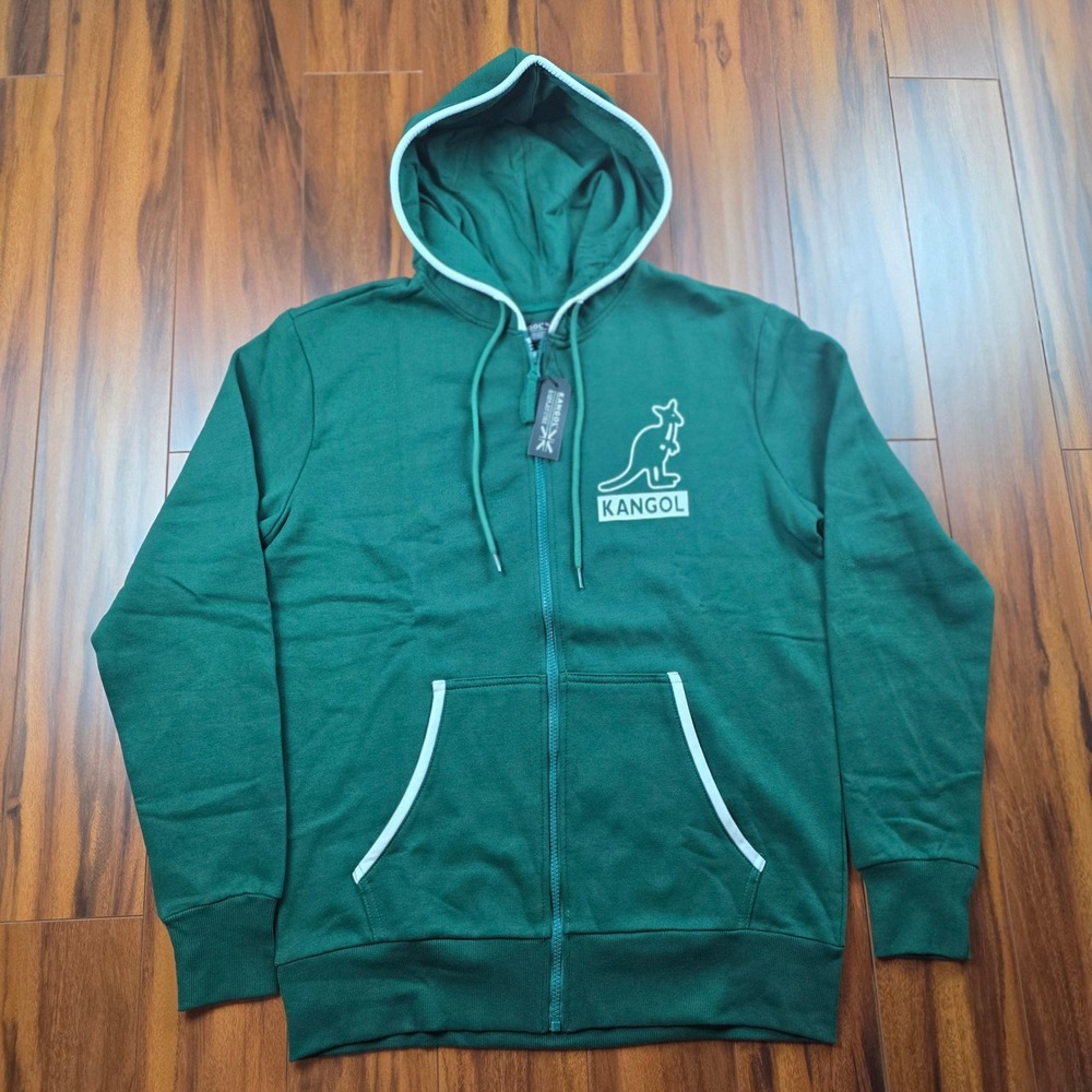 Kangol Mens Full Zip Hoodie Green White Logo Fleece Sweatshirt K96155 Size M